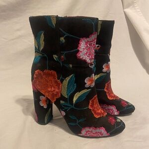 JustFab Embroidered Floral Ankle Boots - Black Suede - NEW